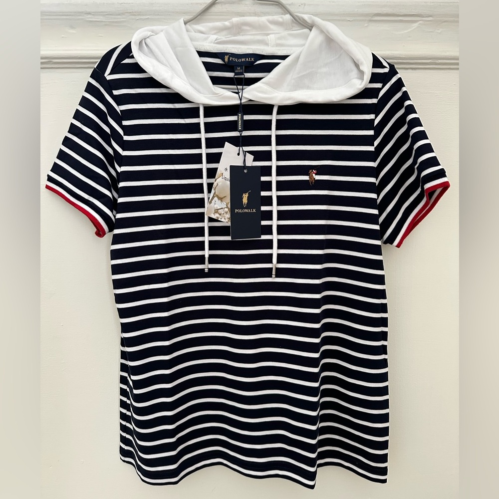 Polowalk Women's Size Medium Hooded T-shirt Striped Cruise blue white